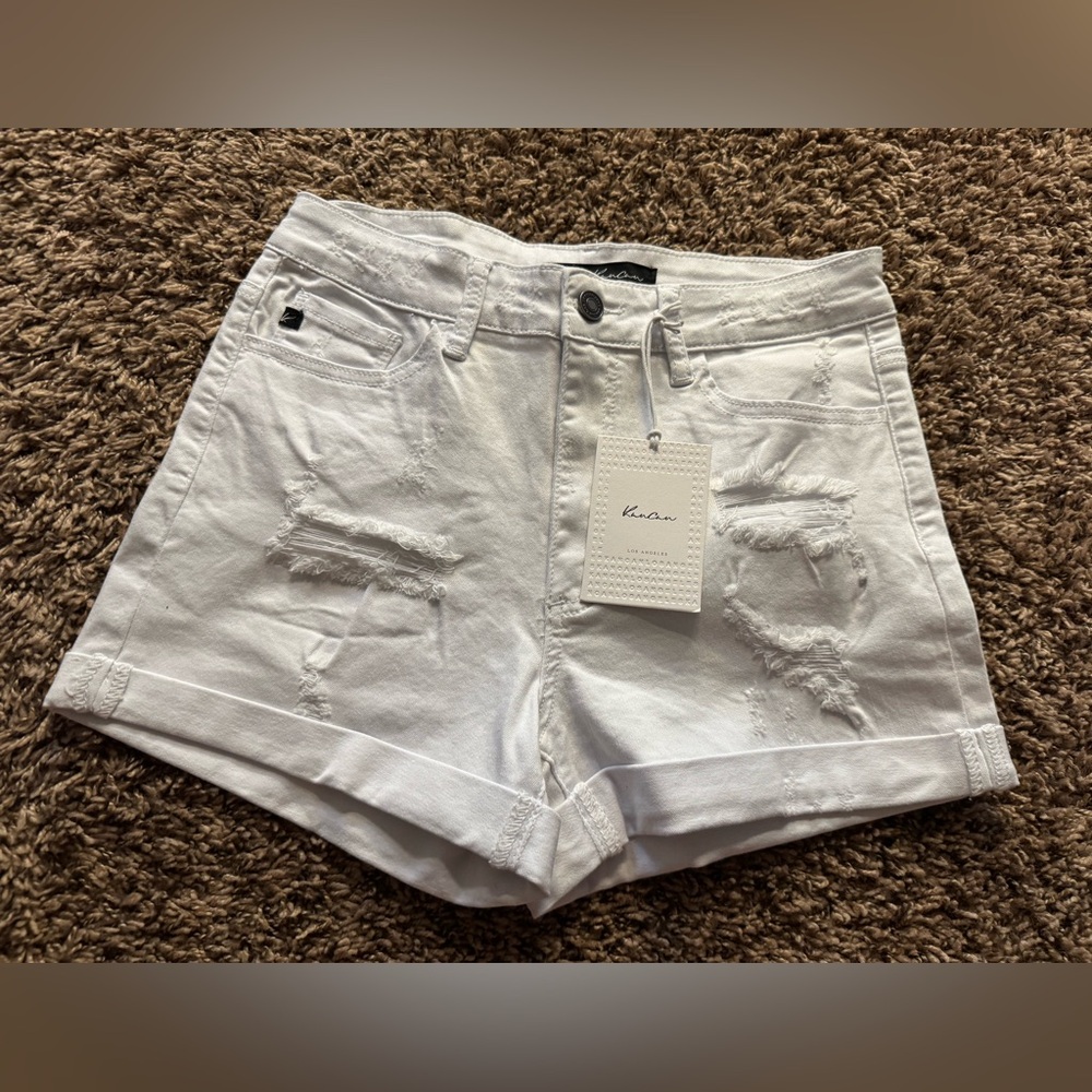 KanCan White Distressed Rolled Denim Shorts